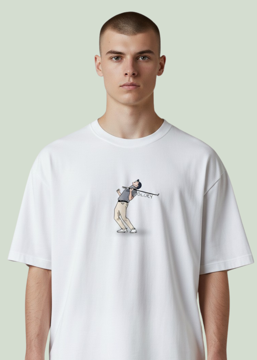 Person wearing a white t-shirt with a graphic design on a light green background