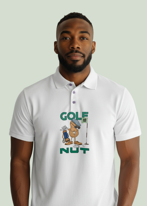 Man wearing a white polo shirt with a graphic design on a light gray background
