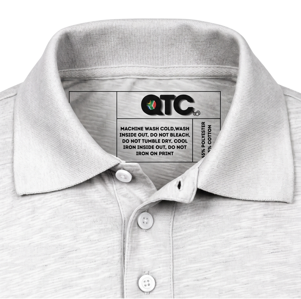 Gray polo shirt with a label on the collar displaying 'QTC'.