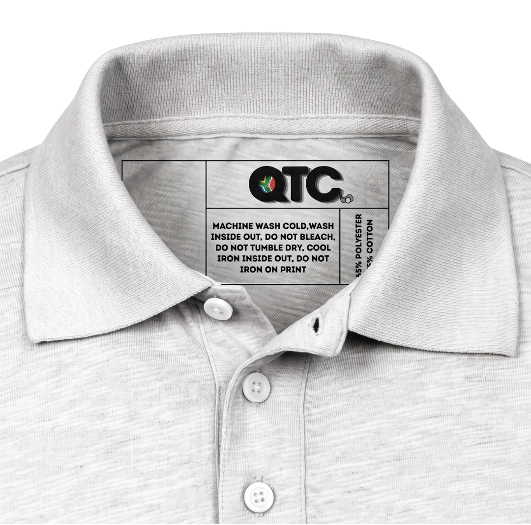 Gray polo shirt with a label on the collar displaying 'QTC'.