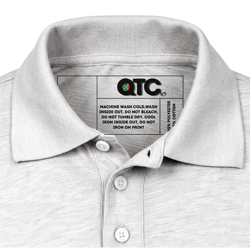 Gray polo shirt with a label on the collar displaying 'QTC'.