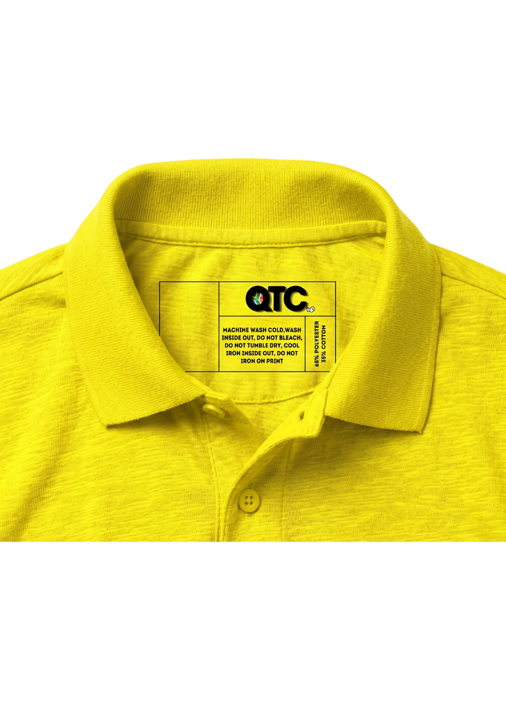 Yellow polo shirt with a visible brand label on a white background