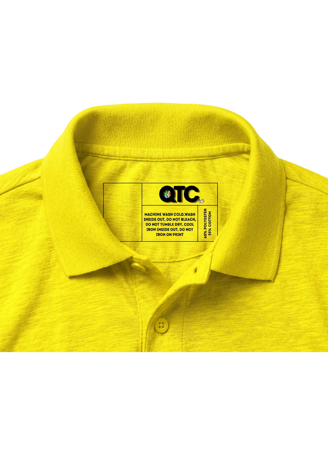 Yellow polo shirt with a visible brand label on a white background