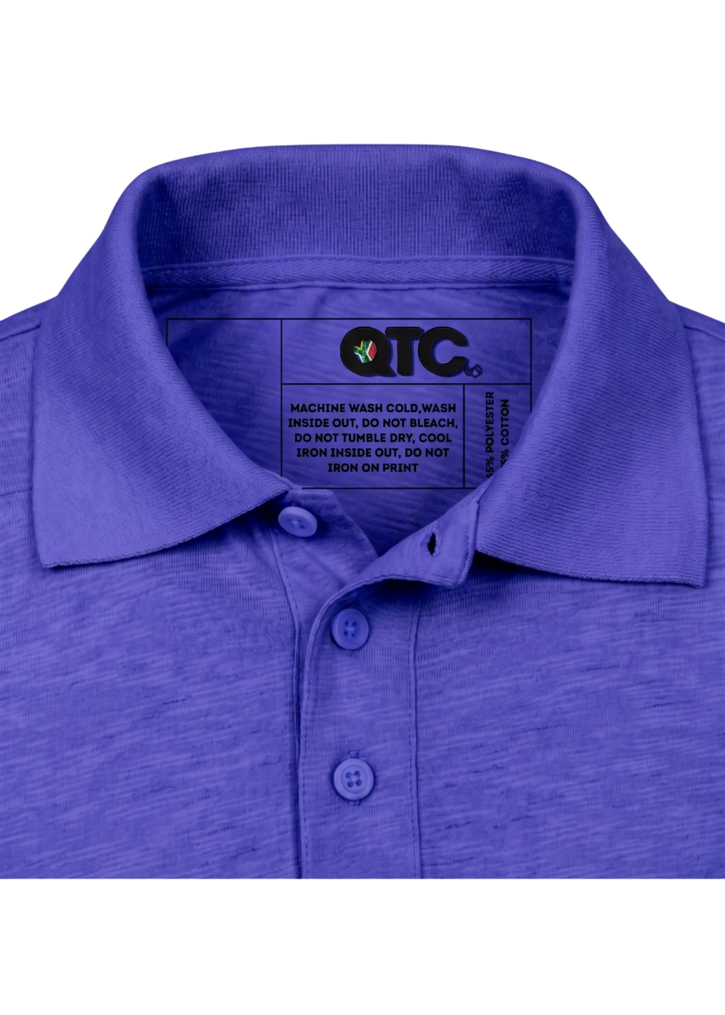 Close-up of a purple polo shirt collar with a visible label.
