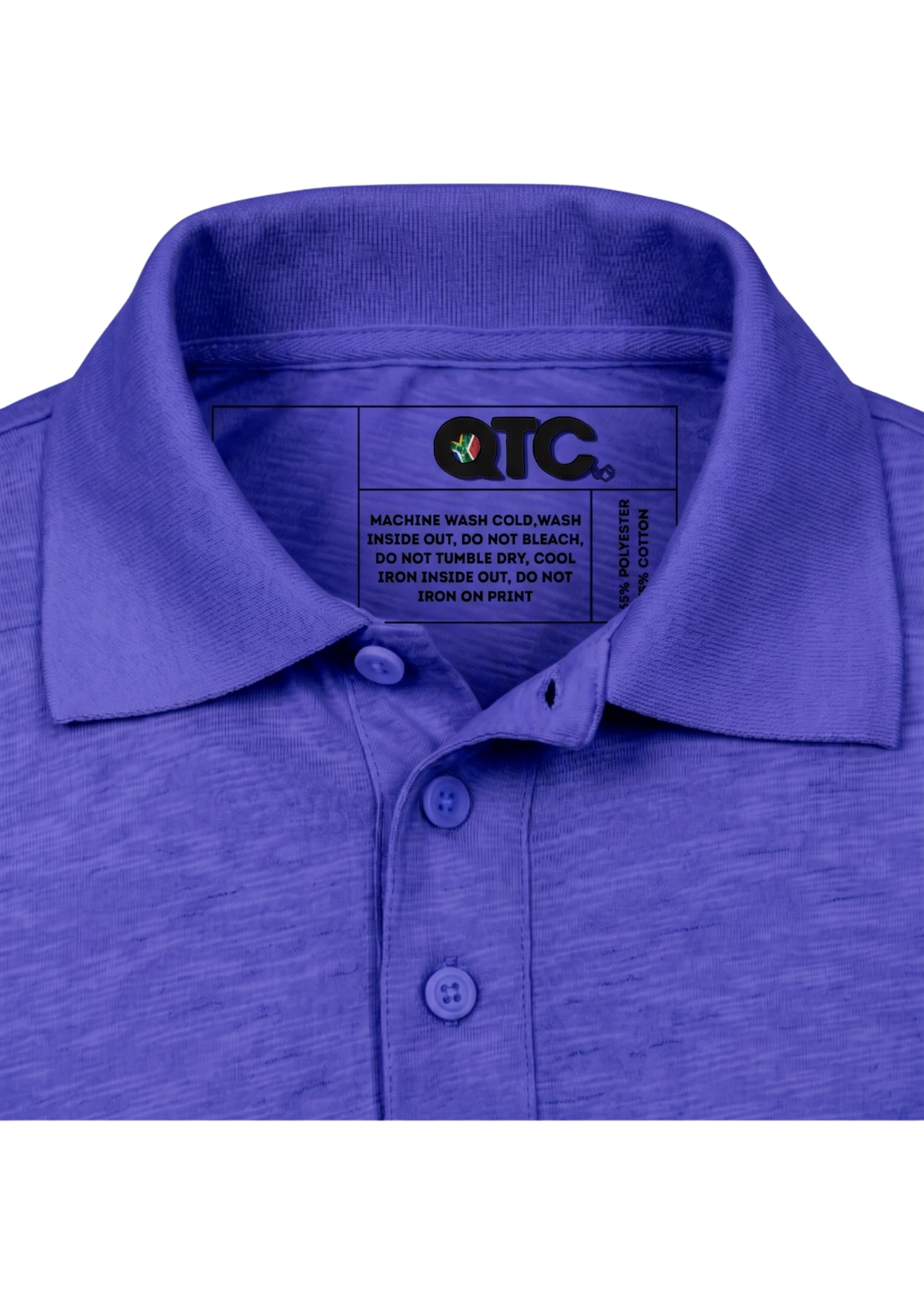 Close-up of a purple polo shirt collar with a visible label.