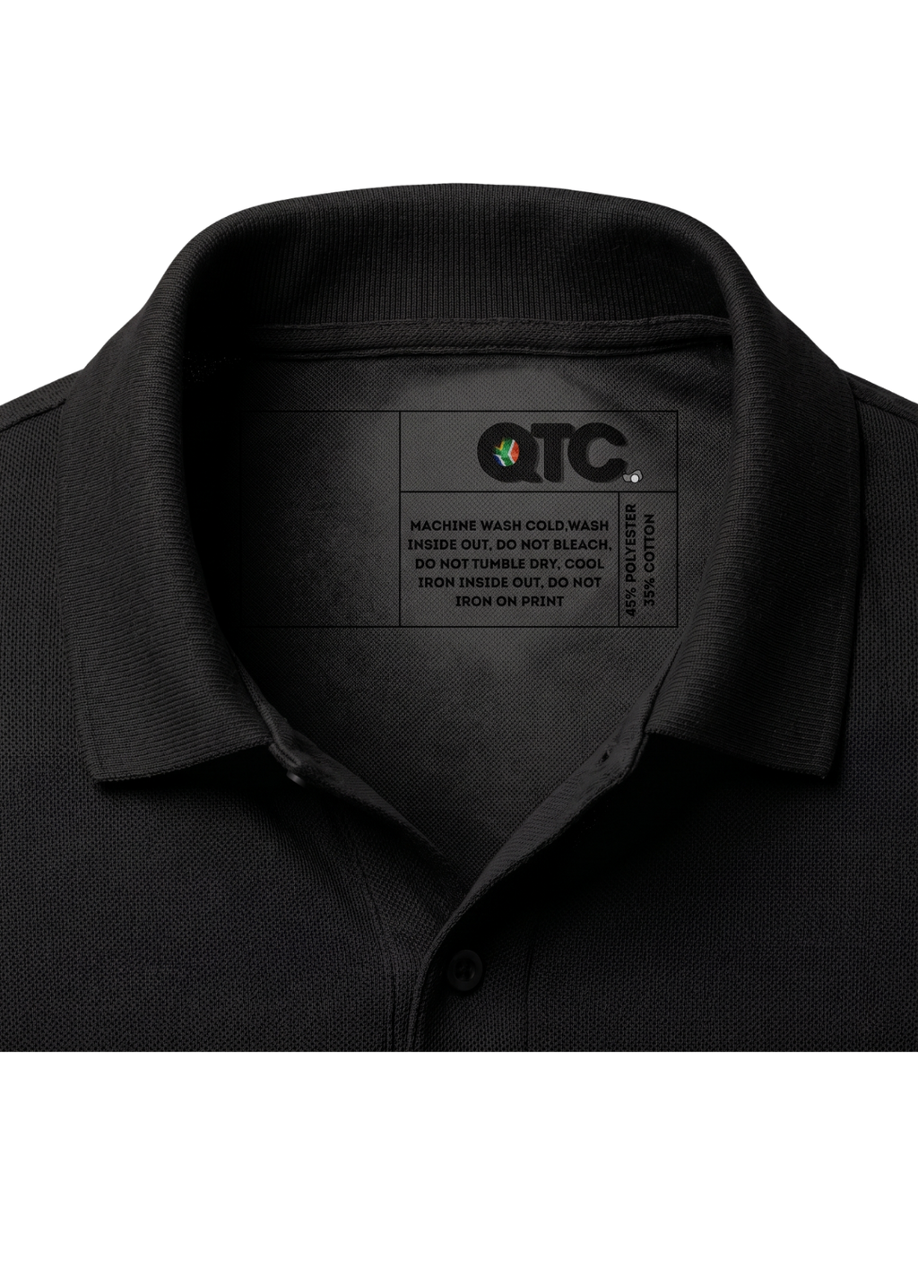 Black shirt with a visible brand label on a white background