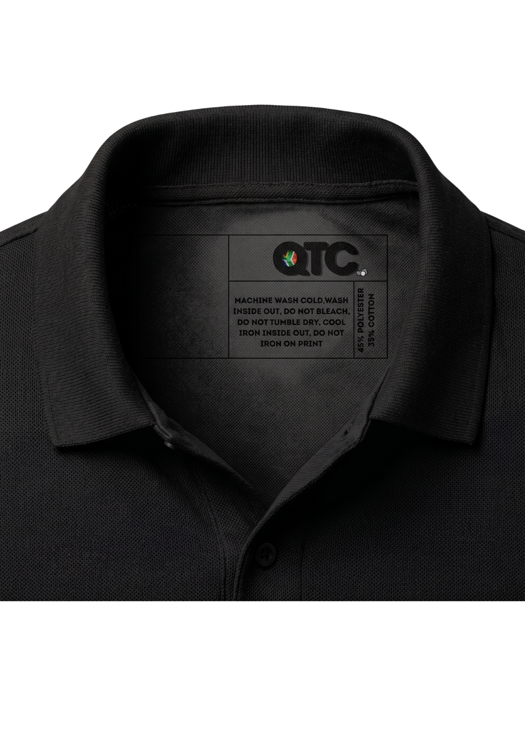 Black shirt with a visible brand label on a white background