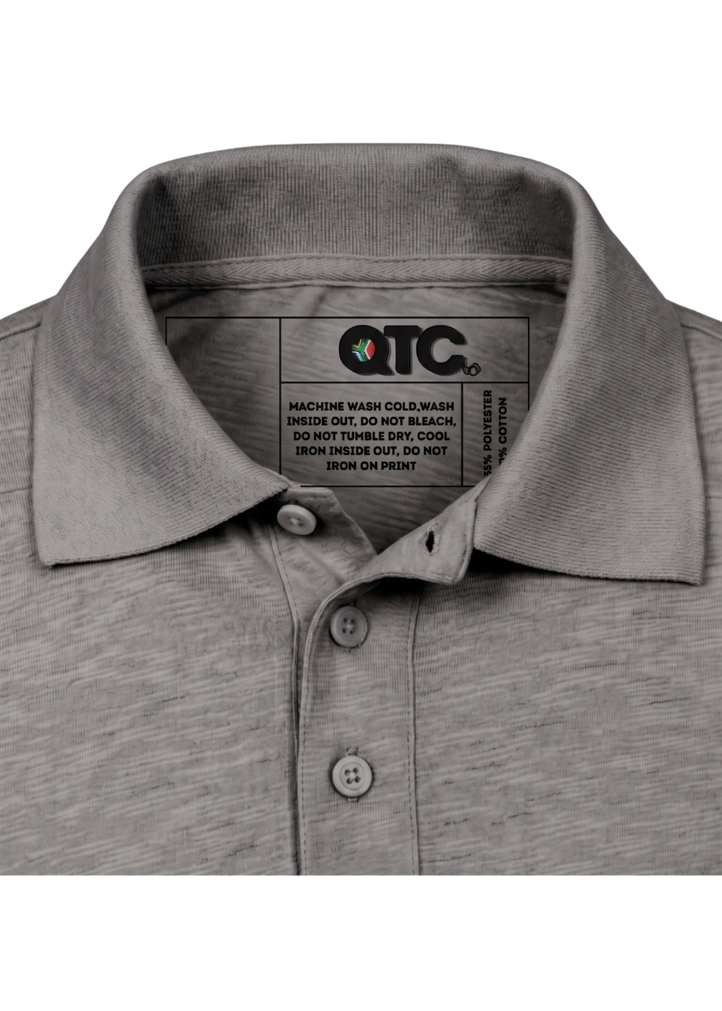 Gray polo shirt collar with OTC label on a white background