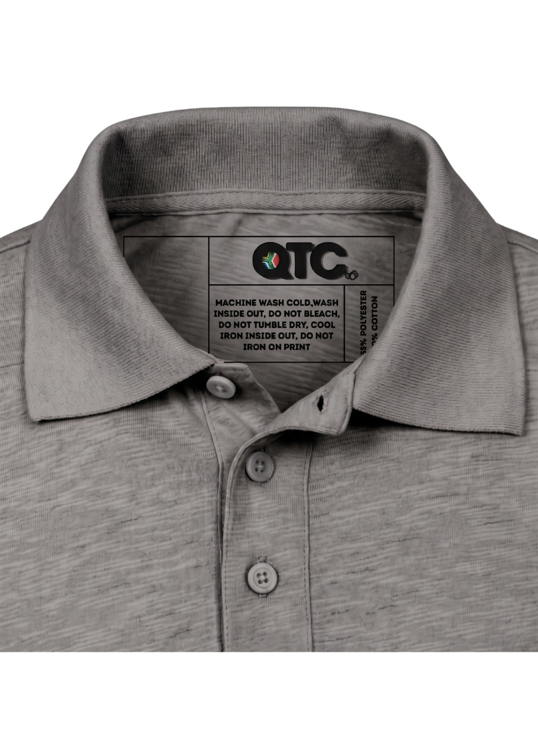 Gray polo shirt collar with OTC label on a white background