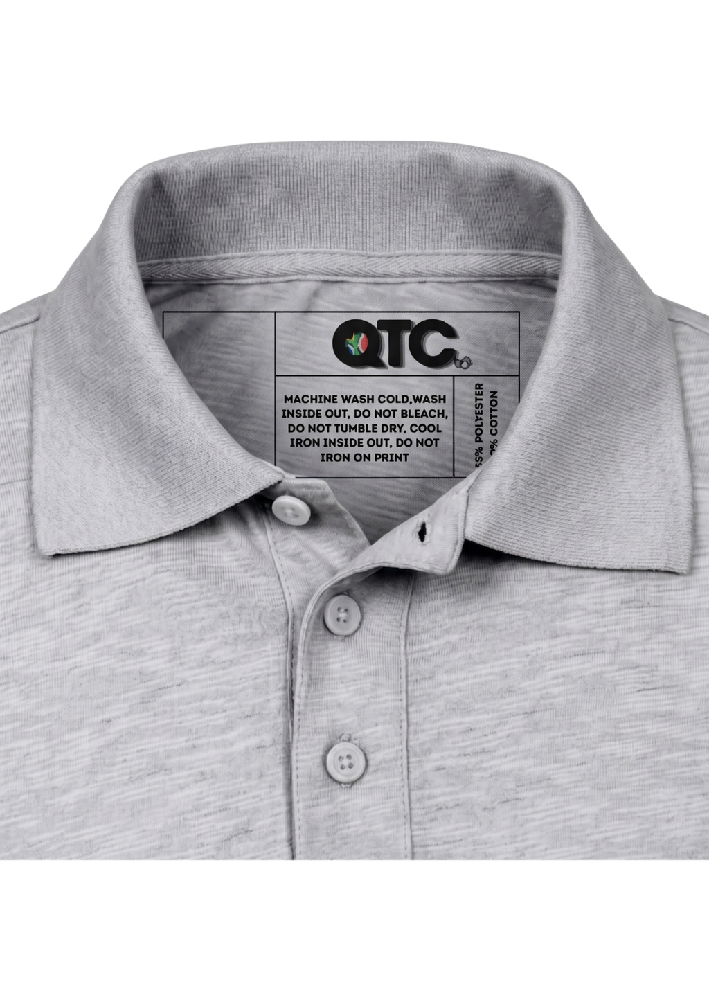 Gray polo shirt with a visible label on a white background