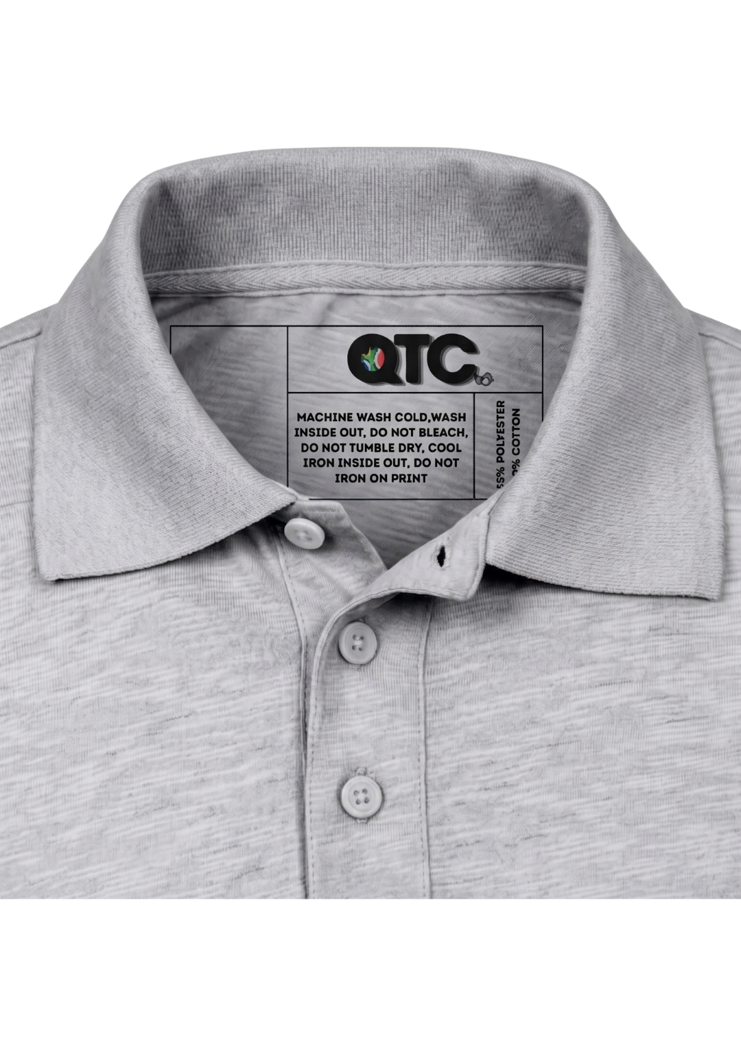 Gray polo shirt with a visible label on a white background