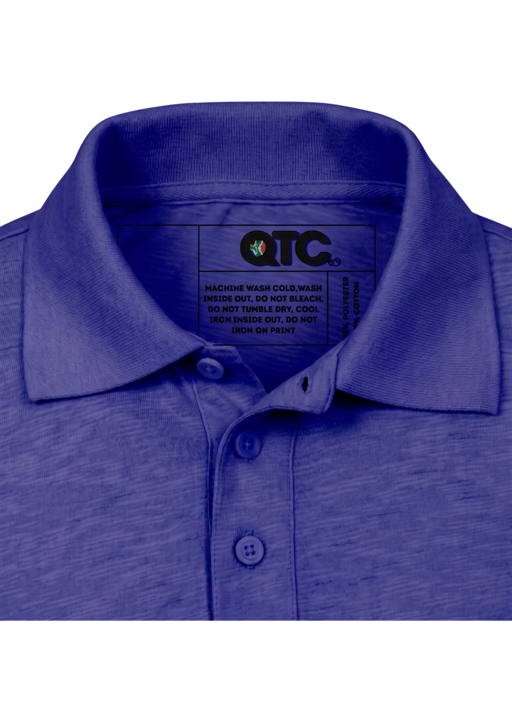 Close-up of a blue polo shirt collar with a label on a white background