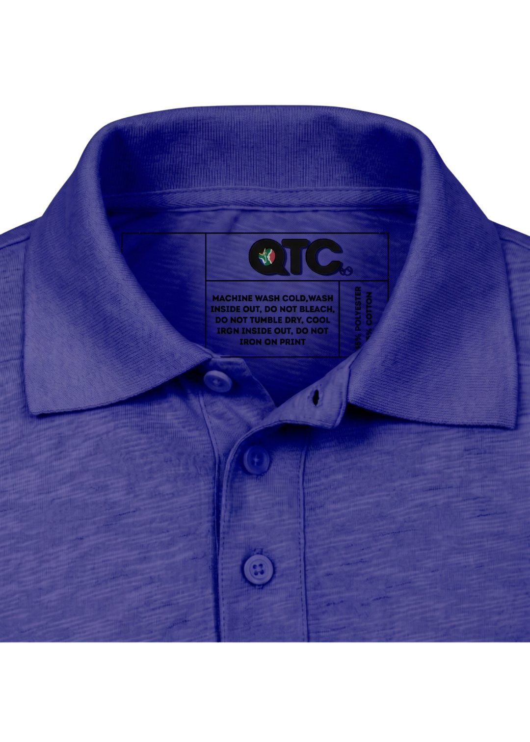 Close-up of a blue polo shirt collar with a label on a white background