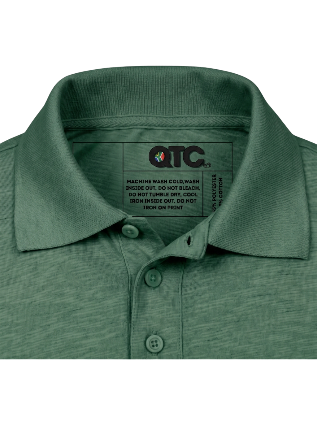 Green polo shirt with a visible brand label on a white background