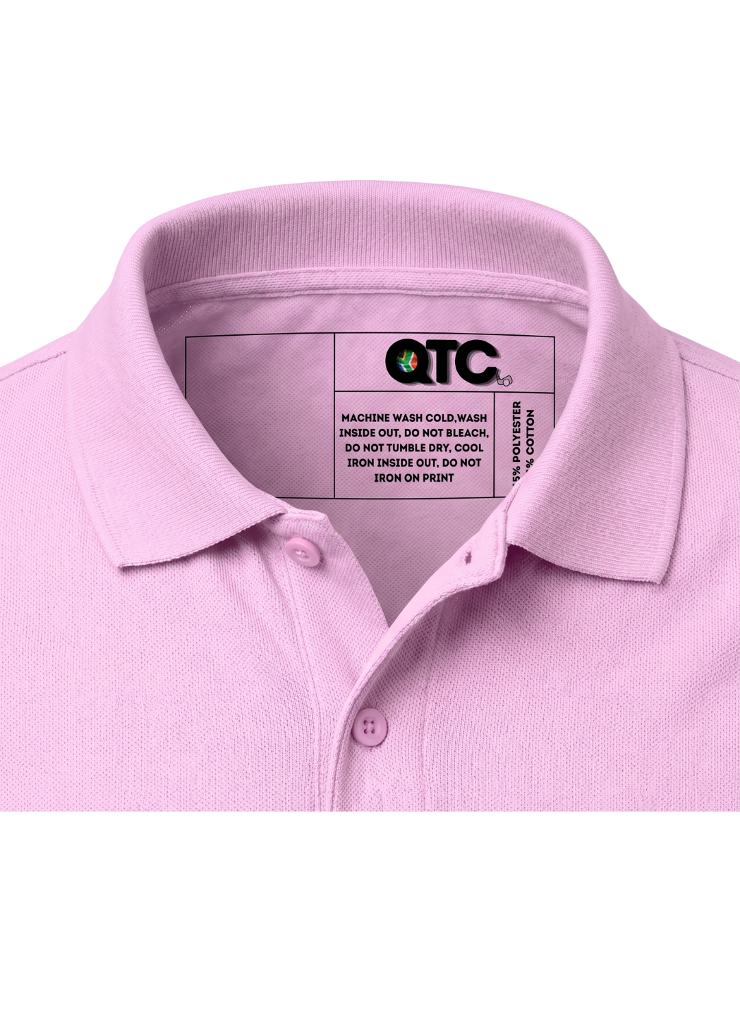 Pink polo shirt with a visible brand label on a white background