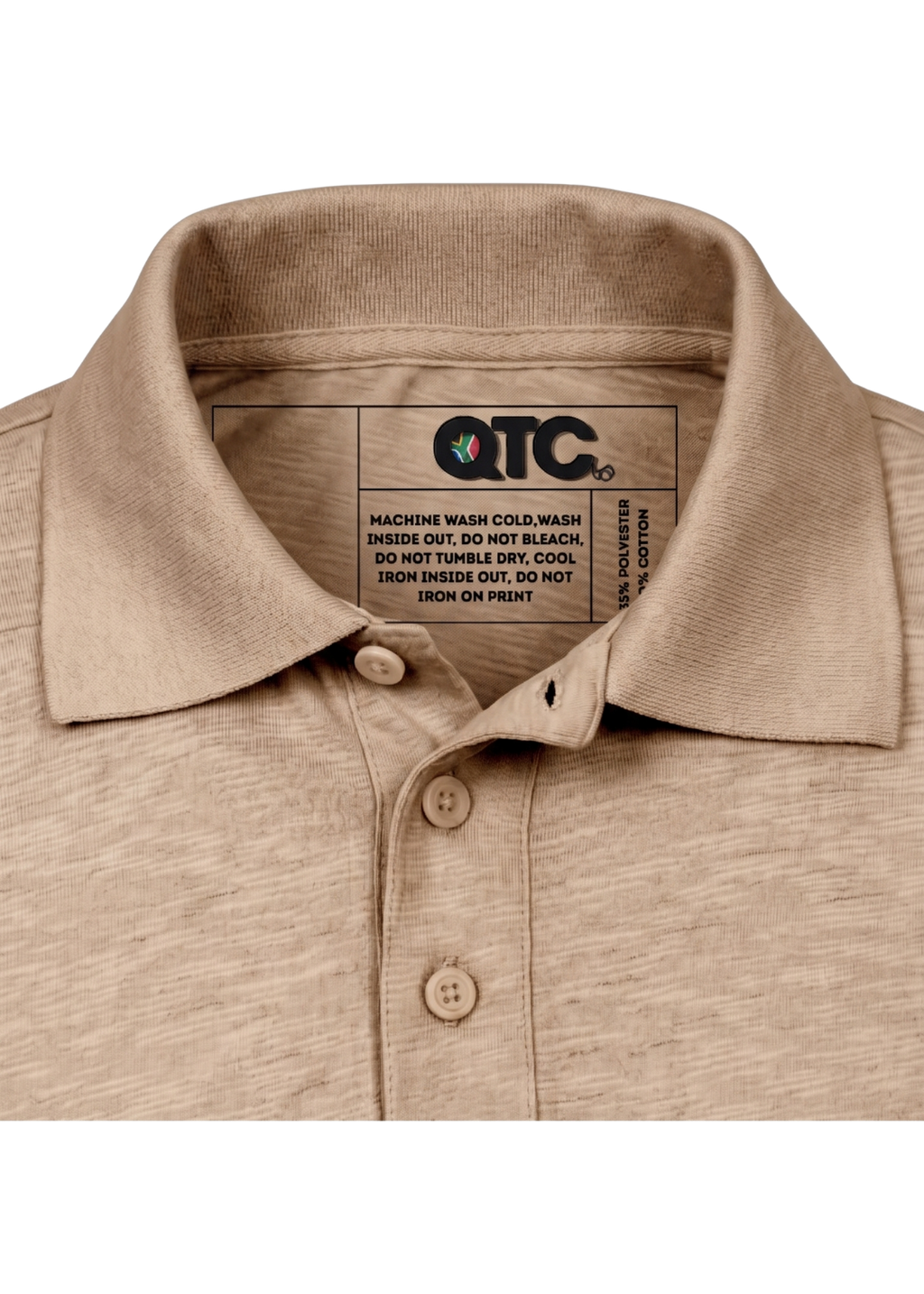 Beige polo shirt with a visible label on a white background