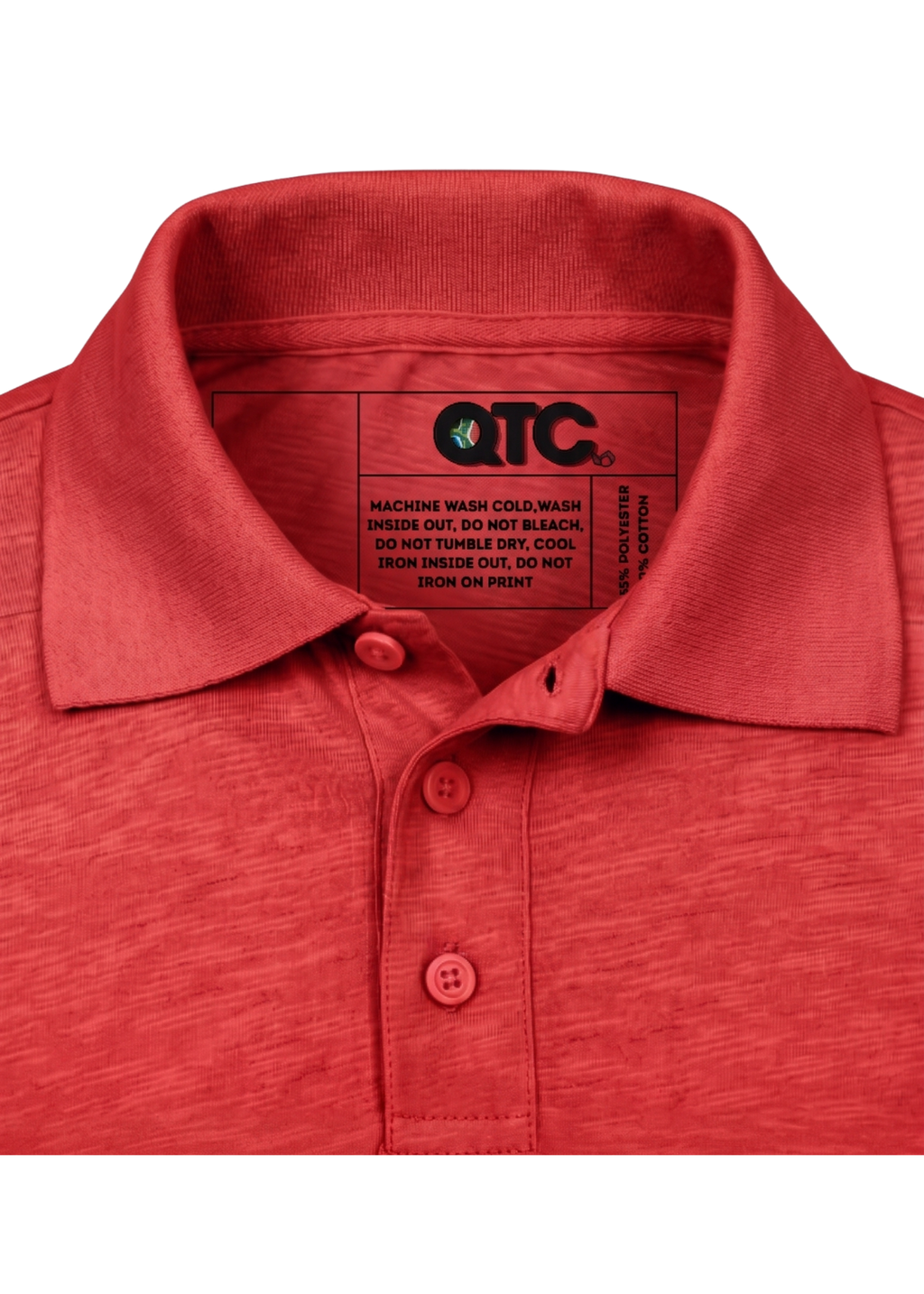 Red polo shirt with a visible brand label on a white background