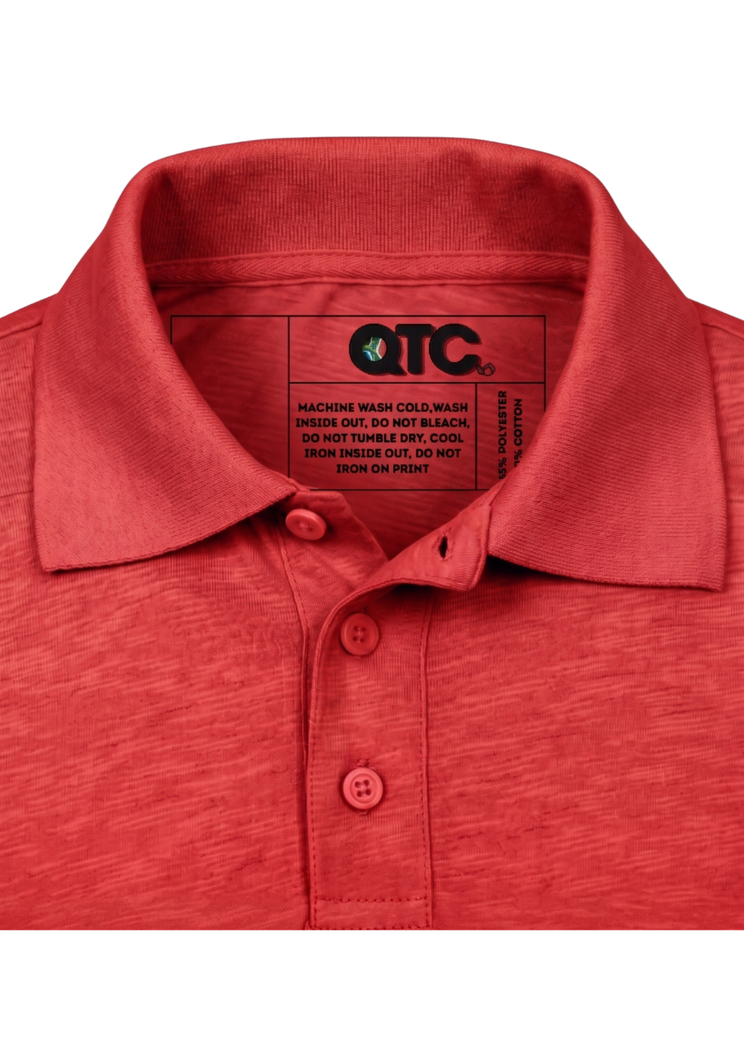 Red polo shirt with a visible brand label on a white background