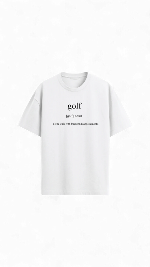 Quiet Tee Club white 100% combed cotton t-shirt with "golf" definition graphic print.